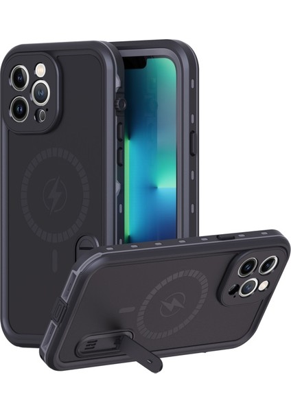 iPhone 13 Pro Max Için IP68 Standlı Kayışlı Magsafe Şarjlı Suya Çizilmeye Dayanıklı Koruyucu Kılıf - Siyah (Yurt Dışından)