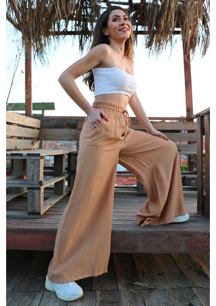 Geniş Kemerli Bol Paça Düz Keten Kadın Pantolon fiyatları