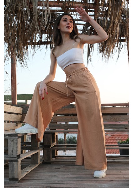 Geniş Kemerli Bol Paça Düz Keten Kadın Pantolon modelleri
