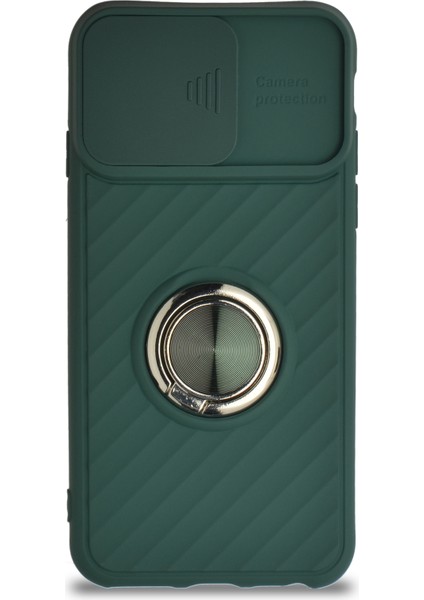 Apple iPhone 8 Kapak Kamera Korumalı Yüzüklü Pastel Silikon Kılıf - Koyu Yeşil