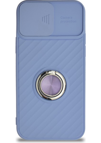 Apple iPhone 12 Kapak Kamera Korumalı Yüzüklü Pastel Silikon Kılıf - Lila