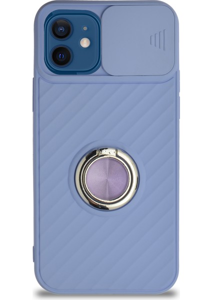 Apple iPhone 12 Kapak Kamera Korumalı Yüzüklü Pastel Silikon Kılıf - Lila fiyatları