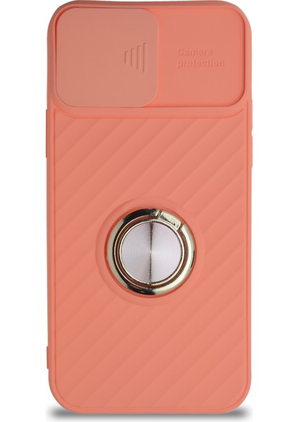 Apple iPhone 12 Kapak Kamera Korumalı Yüzüklü Pastel Silikon Kılıf - Pudra