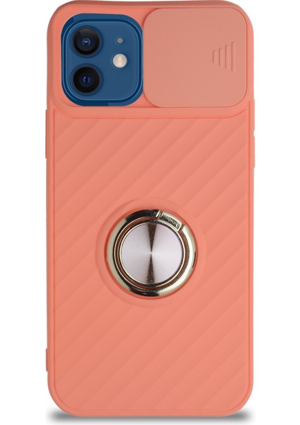 Apple iPhone 12 Kapak Kamera Korumalı Yüzüklü Pastel Silikon Kılıf - Pudra fiyatları