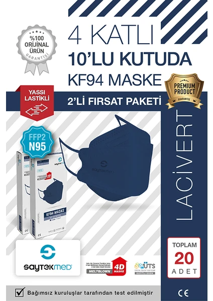 Saytekmed N95/FFP2 Kore Tipi 4 Katlı Lacivert Maske, Tekli Poşet, Uv Steril (2 Kutu/ 20 Adet)