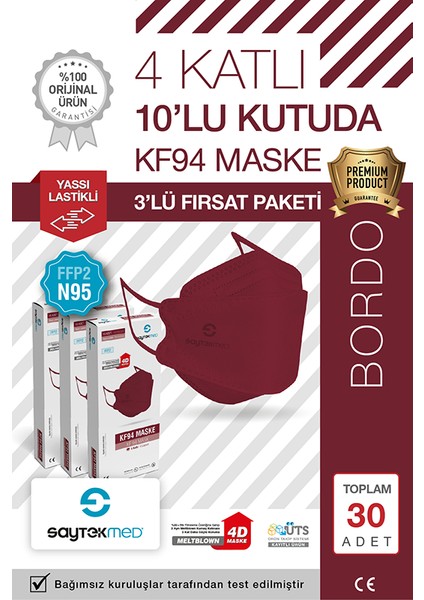 Saytekmed N95/FFP2 Kore Tipi 4 Katlı Bordo Maske, Tekli Poşet, Uv Steril (3 Kutu/30 Adet)