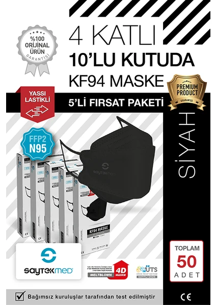 Saytekmed N95/FFP2 Kore Tipi 4 Katlı Siyah Maske, Tekli Poşet, Uv Steril (5 Kutu/ 50 Adet)