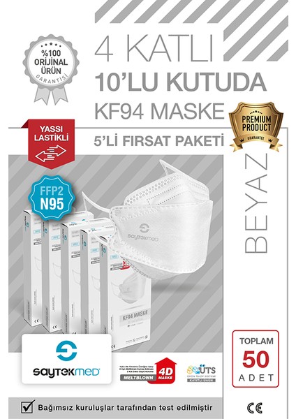 Saytekmed N95/FFP2 Kore Tipi 4 Katlı Beyaz Maske, Tekli Poşet, Uv Steril (5 Kutu/ 50 Adet)