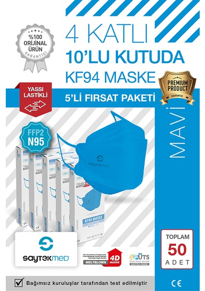 Saytekmed N95/FFP2 Kore Tipi 4 Katlı Mavi Maske, Tekli Poşet, Uv Steril (5 Kutu/ 50 Adet)