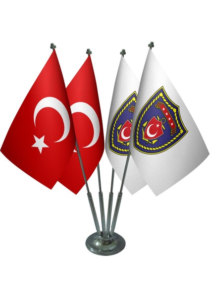 Masa Üstü Deniz Kuvvetleri Bayrağı Türk Bayrağı Dörtlü Krom Direk Masa Bayrak Seti