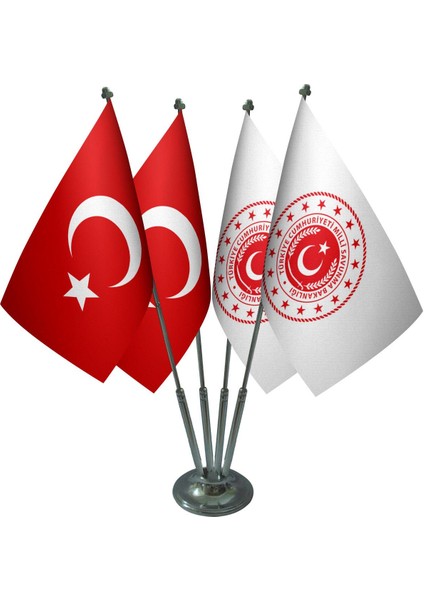 Masa Üstü Milli Savunma Bakanlığı Bayrağı Türk Bayrağı Dörtlü Krom Direk Masa Bayrak Seti
