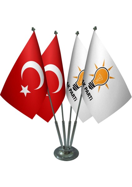 Masa Üstü Ak Parti Bayrağı Türk Bayrağı Dörtlü Krom Direk Masa Bayrak Seti