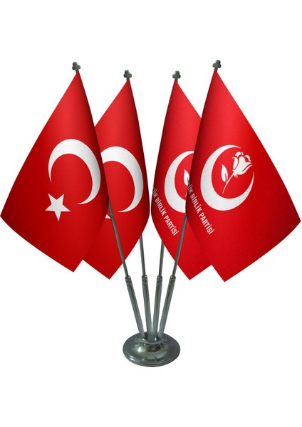 Masa Üstü Büyük Birlik Partisi Bayrağı Türk Bayrağı Dörtlü Krom Direk Masa Bayrak Seti