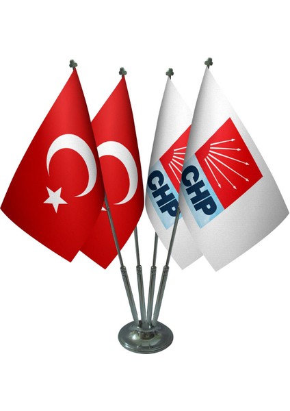Masa Üstü Chp Bayrağı Türk Bayrağı Dörtlü Krom Direk Masa Bayrak Seti
