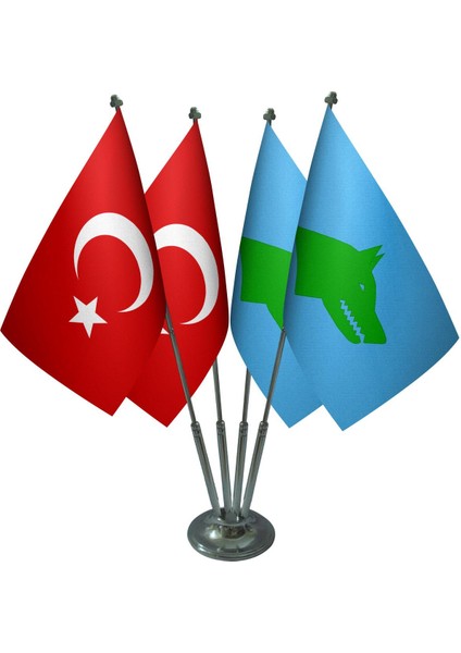 Masa Üstü Göktürk Devleti Bayrağı Türk Bayrağı Dörtlü Krom Direk Masa Bayrak Seti
