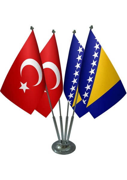 Masa Üstü Bosna Hersek Bayrağı Türk Bayrağı Dörtlü Krom Direk Masa Bayrak Seti