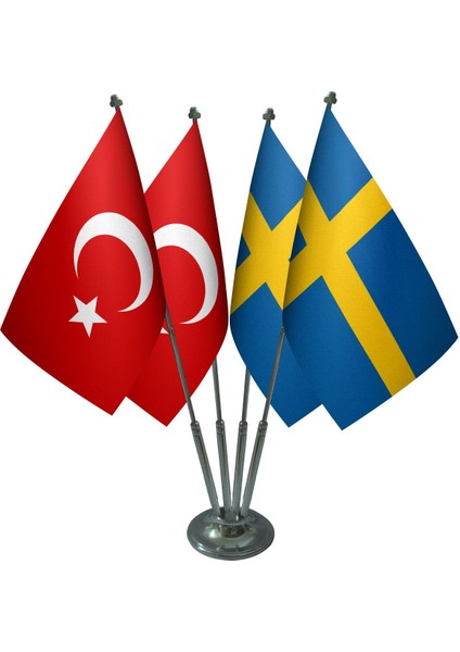Masa Üstü Isveç Bayrağı Türk Bayrağı Dörtlü Krom Direk Masa Bayrak Seti
