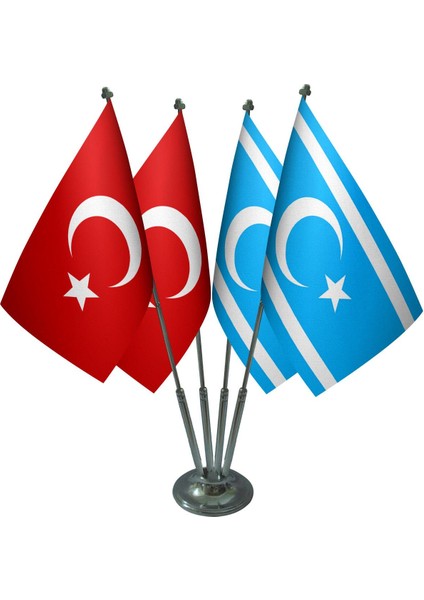 Masa Üstü Kerkük Türkmeneli Bayrağı Türk Bayrağı Dörtlü Krom Direk Masa Bayrak Seti