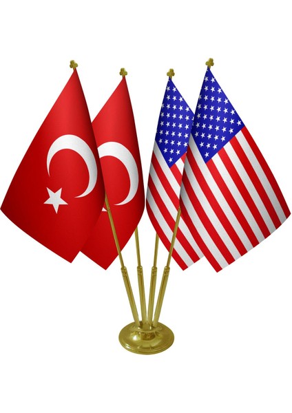 Masa Üstü Abd Amerika Bayrağı Türk Bayrağı Dörtlü Pirinç Direk Masa Bayrak Seti