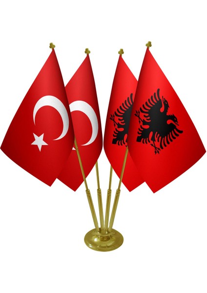 Masa Üstü Arnavutluk Bayrağı Türk Bayrağı Dörtlü Pirinç Direk Masa Bayrak Seti