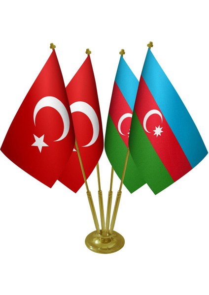 Masa Üstü Azerbaycan Bayrağı Türk Bayrağı Dörtlü Pirinç Direk Masa Bayrak Seti