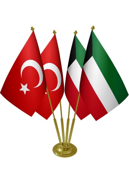 Masa Üstü Kuveyt Bayrağı Türk Bayrağı Dörtlü Pirinç Direk Masa Bayrak Seti