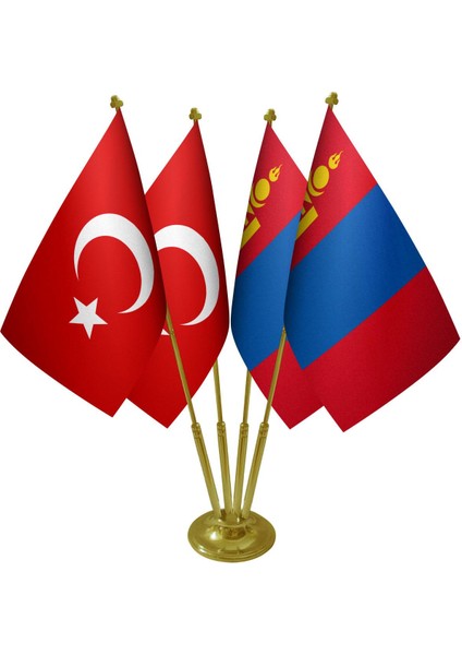 Masa Üstü Moğolistan Bayrağı Türk Bayrağı Dörtlü Pirinç Direk Masa Bayrak Seti