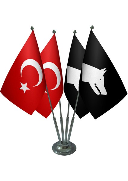 Masa Üstü Siyah Göktürk Bayrağı Türk Bayrağı Dörtlü Krom Direk Masa Bayrak Seti