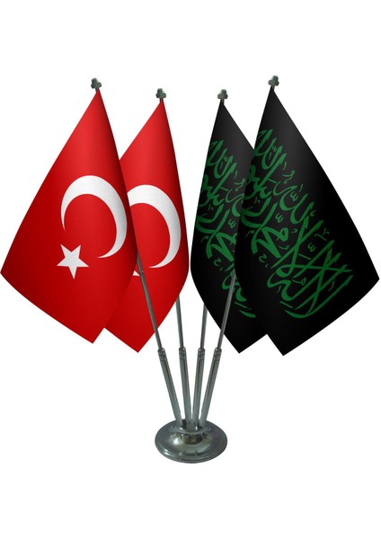 Masa Üstü Siyah Kelimei Tevhid Sancağı Türk Bayrağı Dörtlü Krom Direk Masa Bayrak Seti