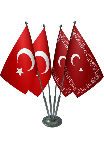 Masa Üstü Ayetli Osmanlı Devleti Sancağı Türk Bayrağı Dörtlü Krom Direk Masa Bayrak Seti