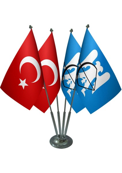 Masa Üstü Selçuklu Devleti Bayrağı Türk Bayrağı Dörtlü Krom Direk Masa Bayrak Seti