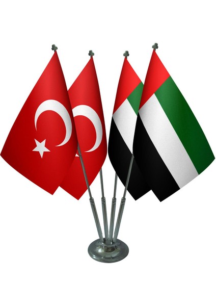 Masa Üstü Birleşik Arap Emirlikleri Bayrağı Türk Bayrağı Dörtlü Krom Direk Masa Bayrak Seti