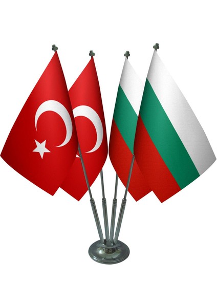Masa Üstü Bulgaristan Bayrağı Türk Bayrağı Dörtlü Krom Direk Masa Bayrak Seti
