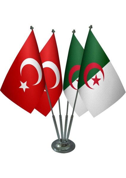 Masa Üstü Cezayir Bayrağı Türk Bayrağı Dörtlü Krom Direk Masa Bayrak Seti