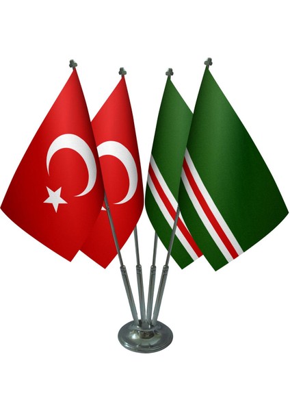 Masa Üstü Içkerya Çeçen Bayrağı Türk Bayrağı Dörtlü Krom Direk Masa Bayrak Seti