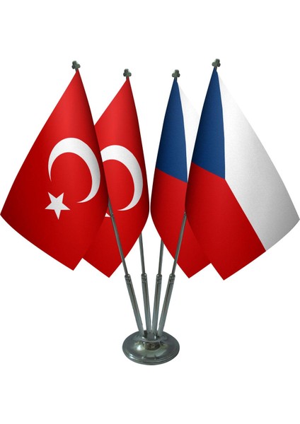 Masa Üstü Çek Cumhuriyeti Bayrağı Türk Bayrağı Dörtlü Krom Direk Masa Bayrak Seti
