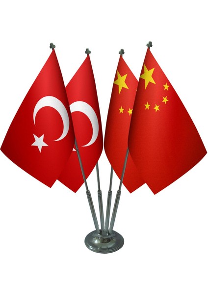 Masa Üstü Çin Bayrağı Türk Bayrağı Dörtlü Krom Direk Masa Bayrak Seti