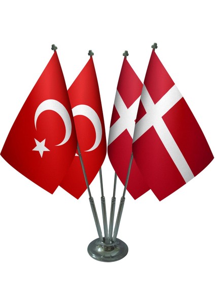 Masa Üstü Danimarka Bayrağı Türk Bayrağı Dörtlü Krom Direk Masa Bayrak Seti