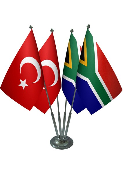 Masa Üstü Güney Afrika Bayrağı Türk Bayrağı Dörtlü Krom Direk Masa Bayrak Seti