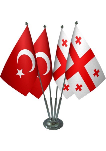 Masa Üstü Gürcistan Bayrağı Türk Bayrağı Dörtlü Krom Direk Masa Bayrak Seti