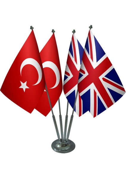 Masa Üstü Ingiltere Bayrağı Türk Bayrağı Dörtlü Krom Direk Masa Bayrak Seti