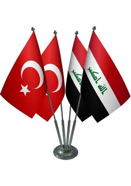 Masa Üstü Irak Bayrağı Türk Bayrağı Dörtlü Krom Direk Masa Bayrak Seti