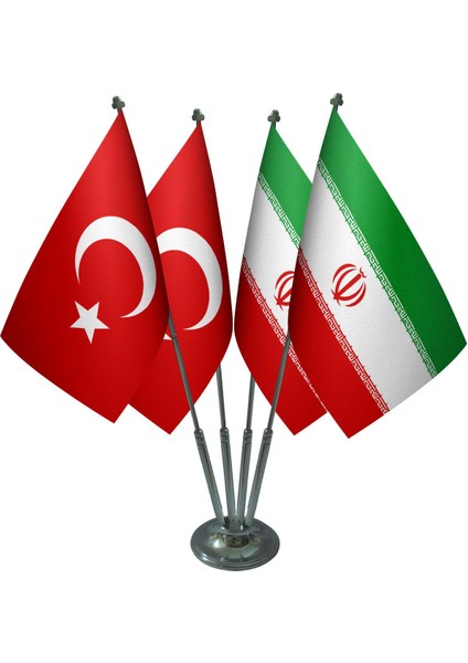 Masa Üstü Iran Bayrağı Türk Bayrağı Dörtlü Krom Direk Masa Bayrak Seti