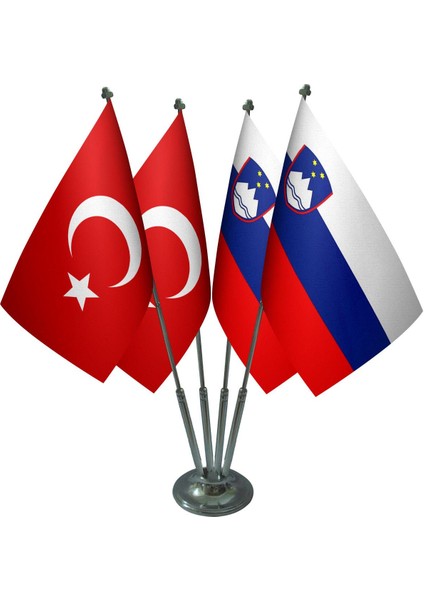 Masa Üstü Slovenya Bayrağı Türk Bayrağı Dörtlü Krom Direk Masa Bayrak Seti