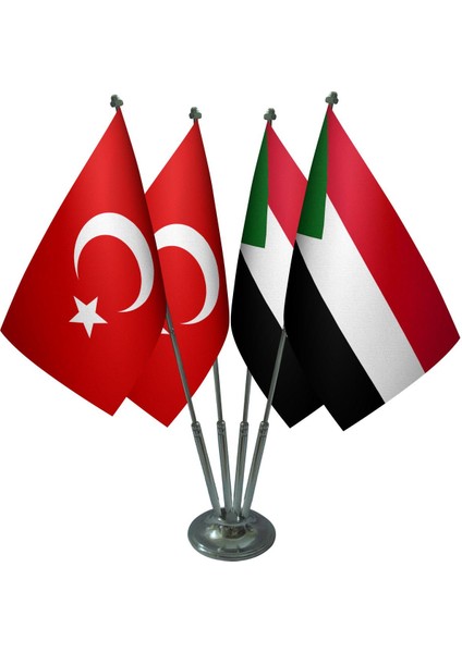 Masa Üstü Sudan Bayrağı Türk Bayrağı Dörtlü Krom Direk Masa Bayrak Seti