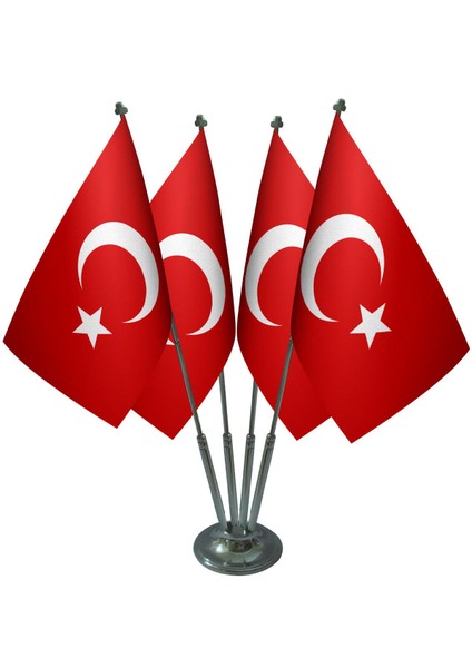 Masa Üstü Dörtlü Türk Bayrağı Dörtlü Krom Direk Masa Bayrak Seti