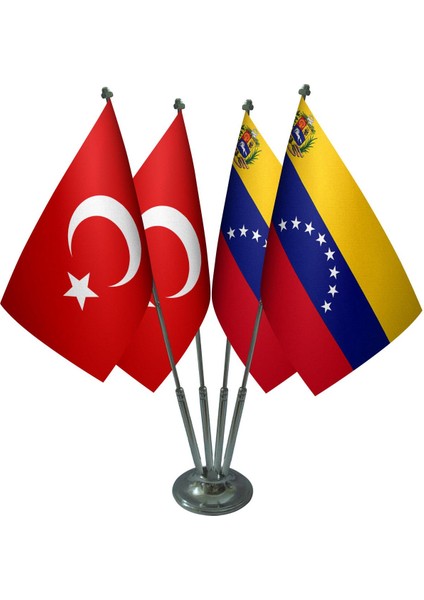 Masa Üstü Venezuella Bayrağı Türk Bayrağı Dörtlü Krom Direk Masa Bayrak Seti