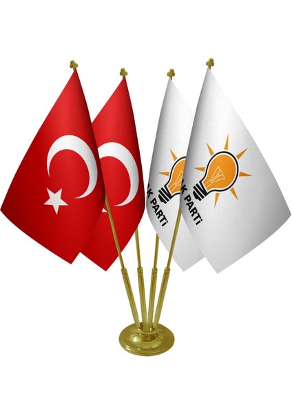 Masa Üstü Ak Parti Bayrağı Türk Bayrağı Dörtlü Pirinç Direk Masa Bayrak Seti
