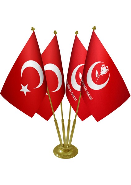 Masa Üstü Büyük Birlik Partisi Bayrağı Türk Bayrağı Dörtlü Pirinç Direk Masa Bayrak Seti