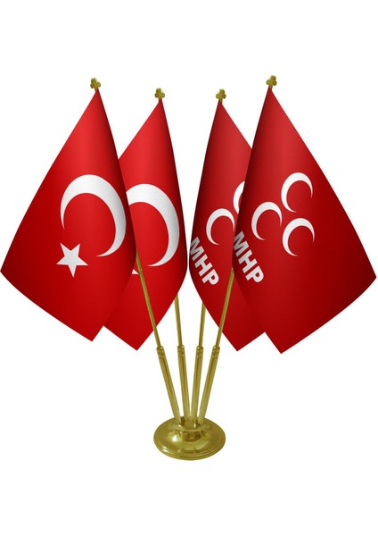 Masa Üstü Mhp Bayrağı Türk Bayrağı Dörtlü Pirinç Direk Masa Bayrak Seti